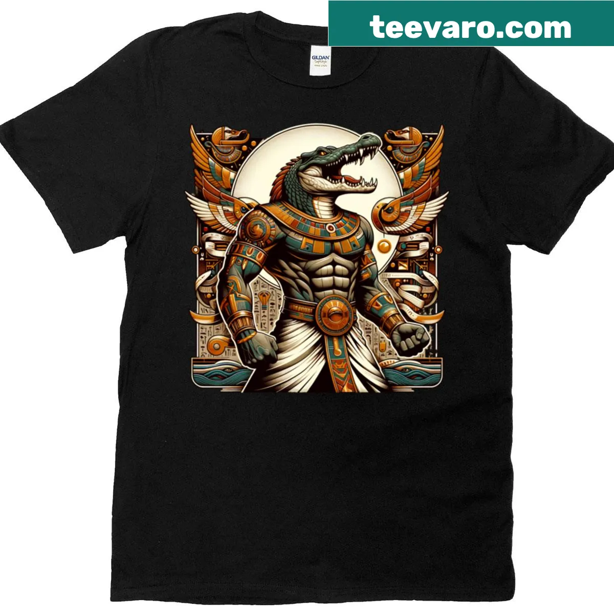 Crocodile warrior design representing Sobek on a classic T-shirt — on a men's t-shirt