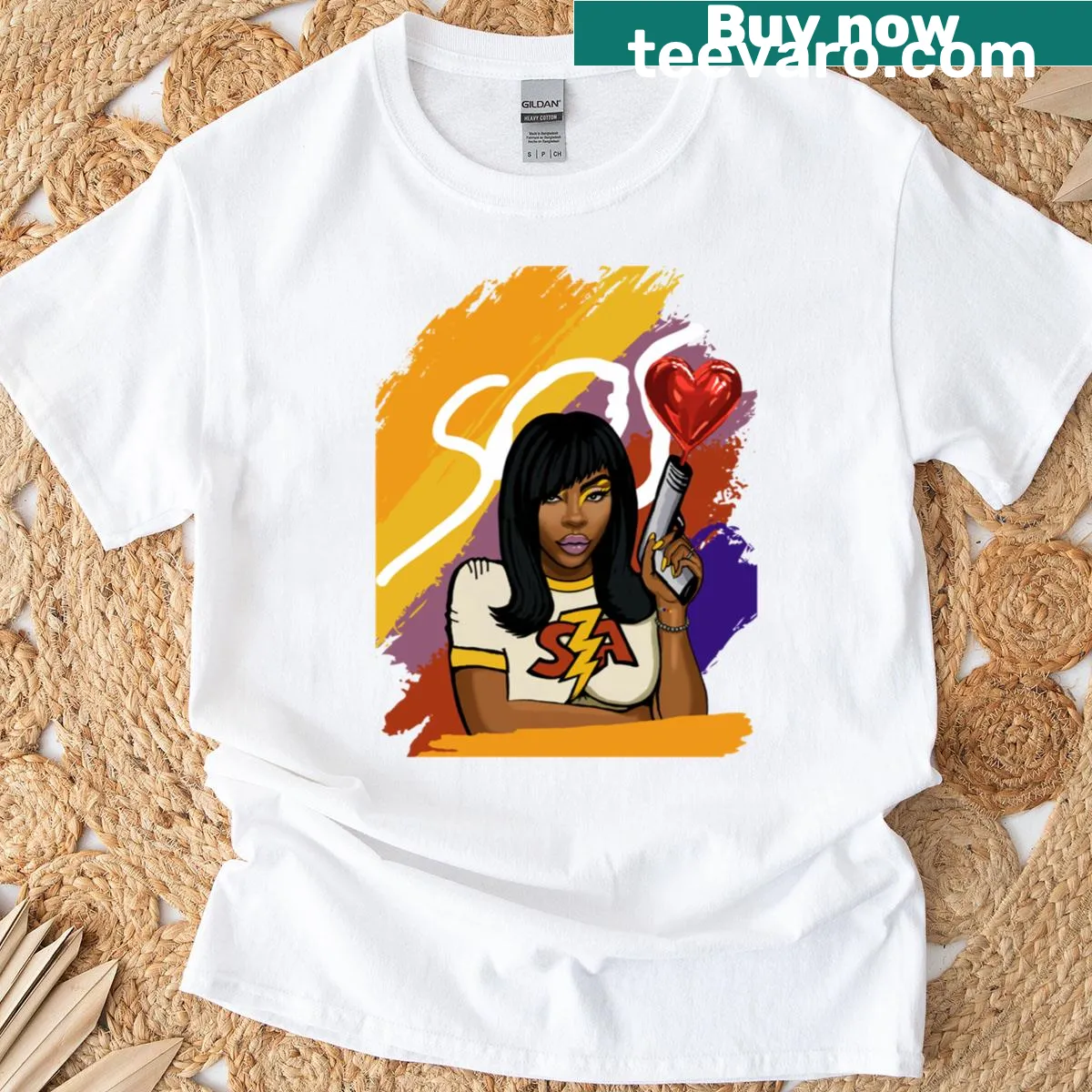 Pop art style t-shirt inspired by SZA with the word 'Sos' — on a men's t-shirt