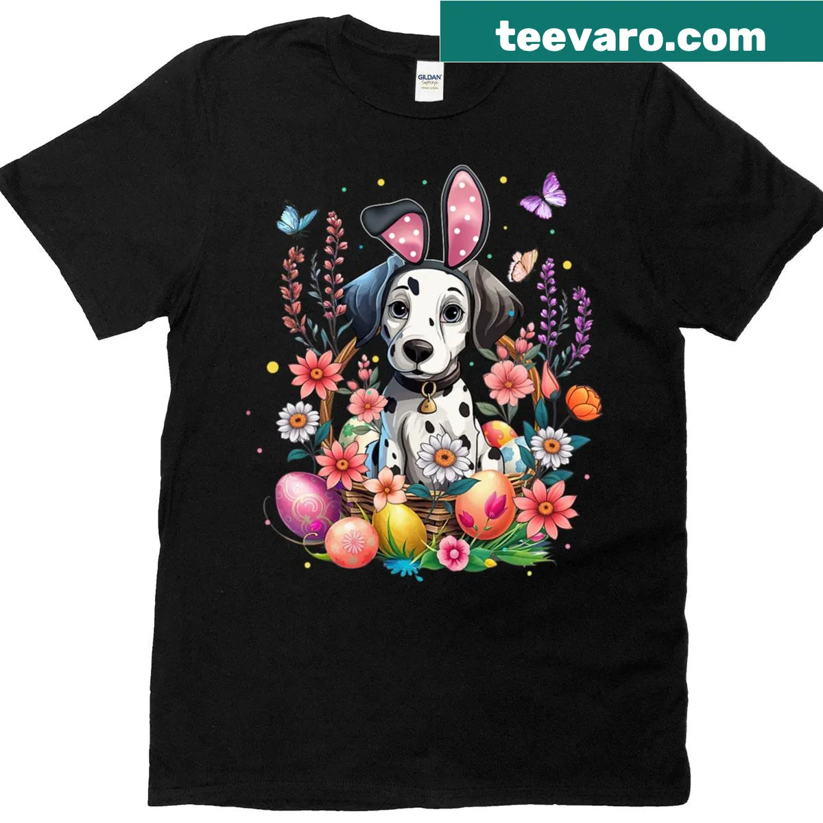 Easter T-shirt with a dog wearing bunny ears and colorful eggs — on a men's t-shirt