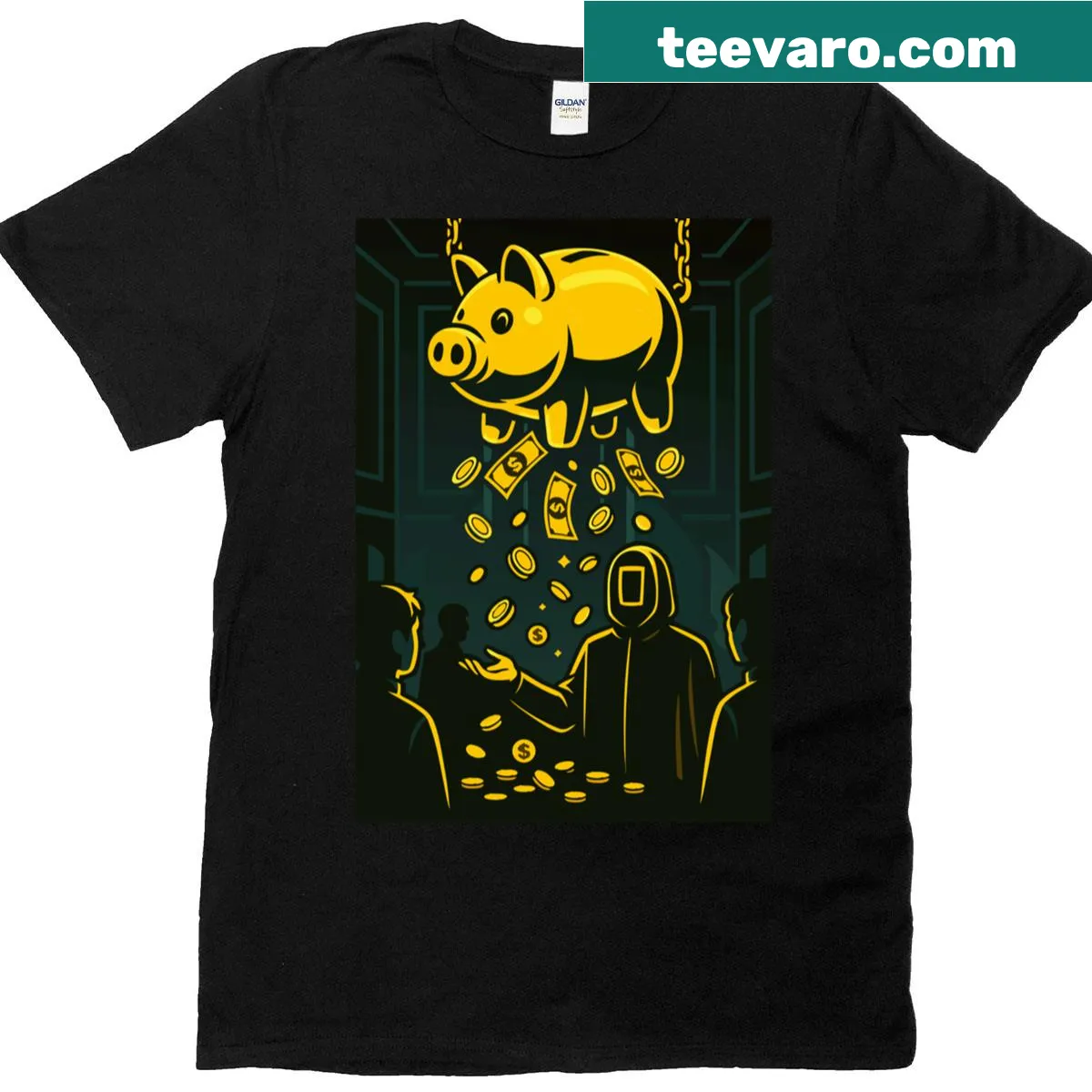 Classic design featuring the Squid Game piggy bank on a t-shirt — on a men's t-shirt