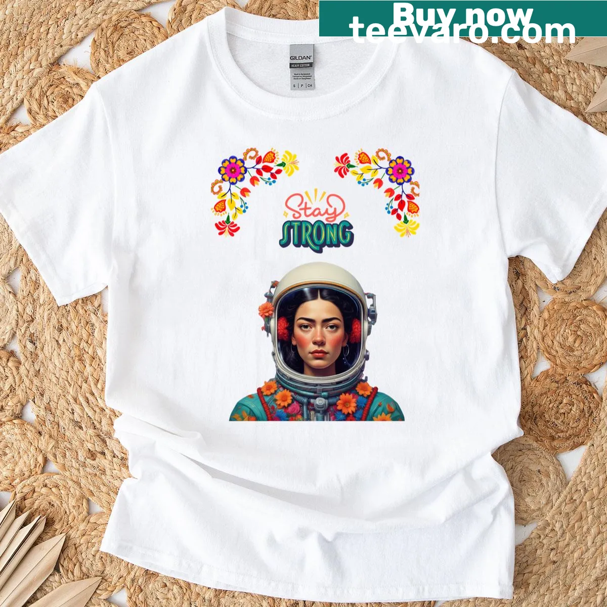 Floral and space-themed inspirational T-shirt — on a men's t-shirt