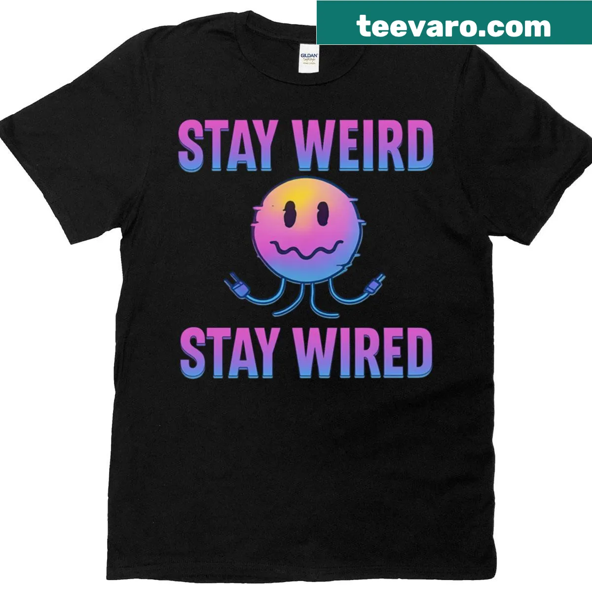 Catchy phrase 'Stay Weird Stay Wired' printed on a t-shirt — on a men's t-shirt