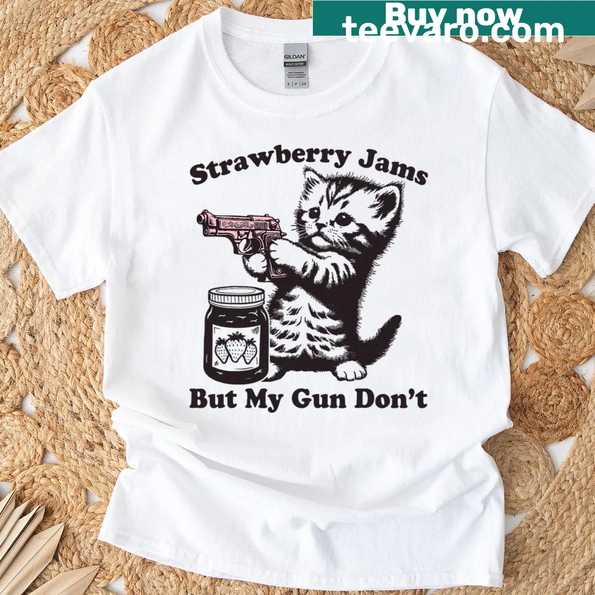 Funny cat-themed t-shirt with humorous quote about strawberry jams and guns — on a men's t-shirt