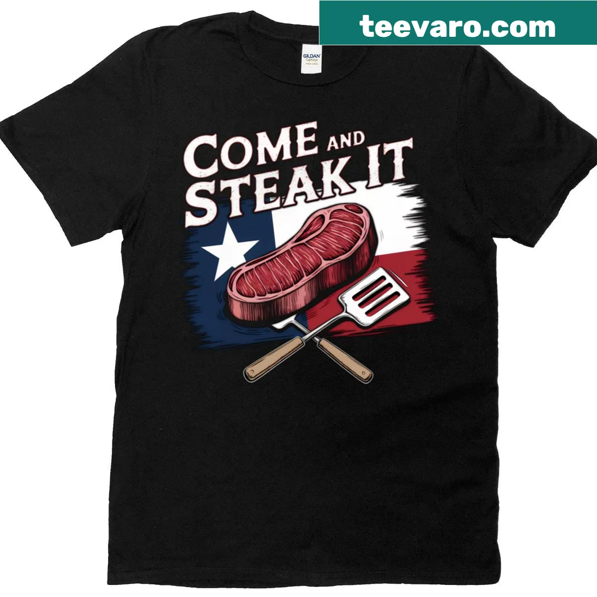Texas pride grill master t-shirt with bold steak design — on a men's t-shirt