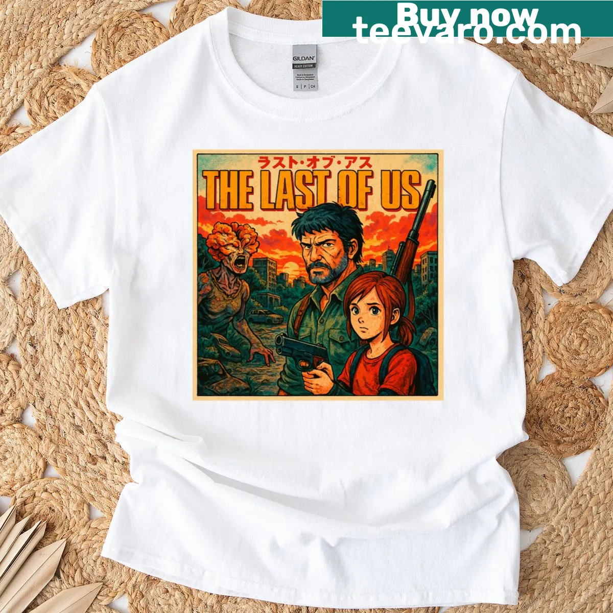 T-shirt featuring 1980s style Japanese anime poster art from a video game — on a men's t-shirt