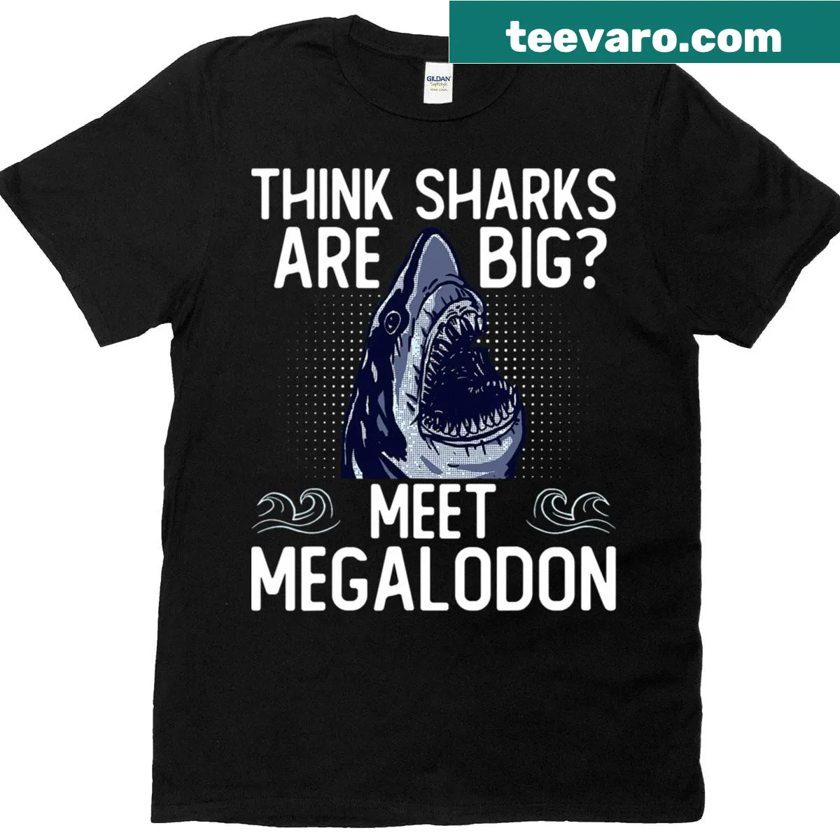 Cartoon-style T-shirt featuring Megalodon graphic challenging shark perceptions — on a men's t-shirt