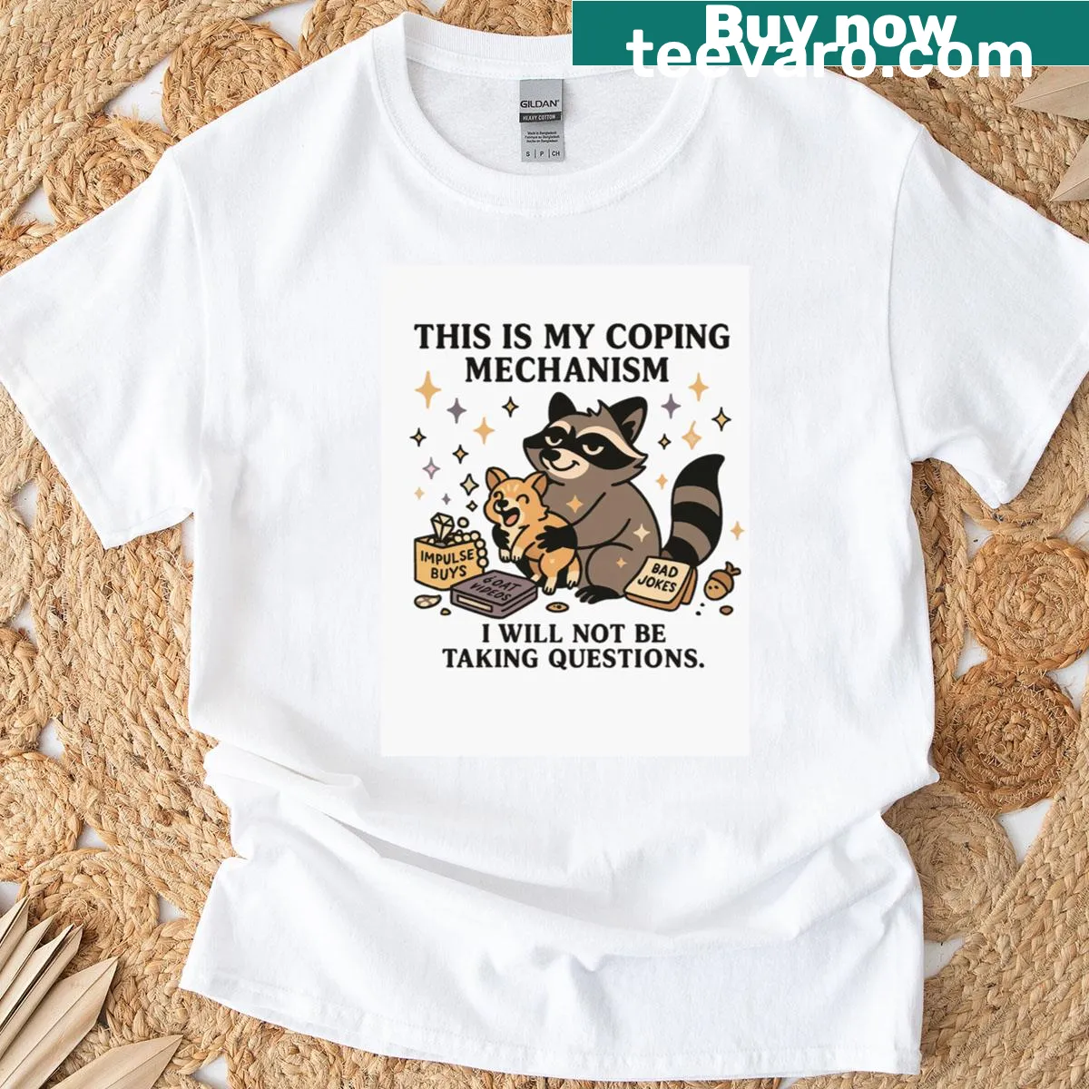 Humorous illustration of a raccoon amidst chaos on a classic t-shirt — on a men's t-shirt