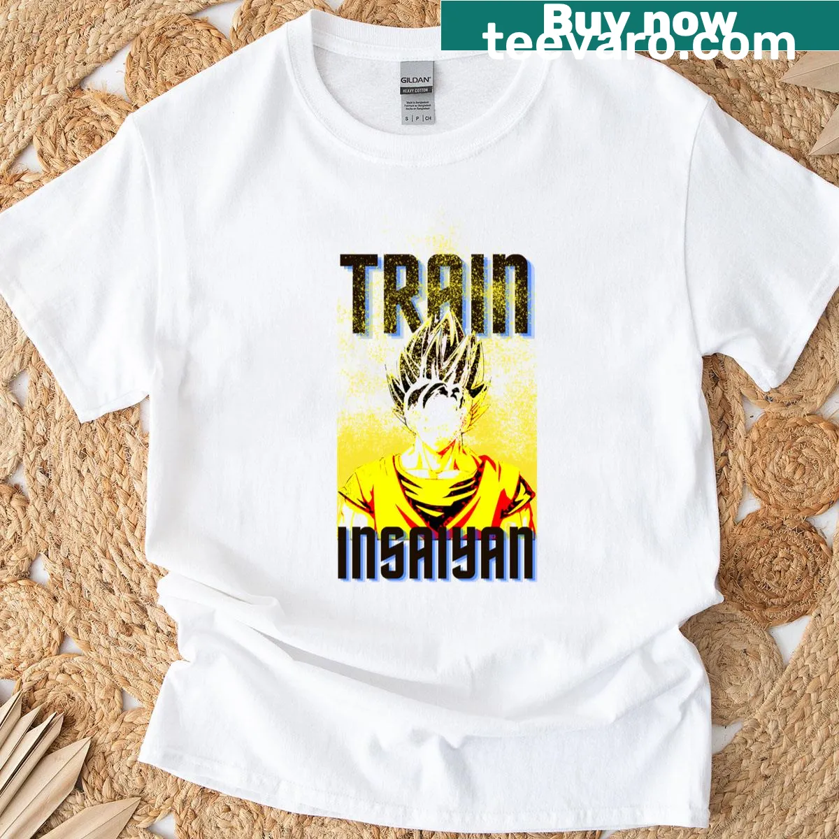 Humorous Train Insaiyan t-shirt with bold typography for fitness lovers — on a men's t-shirt