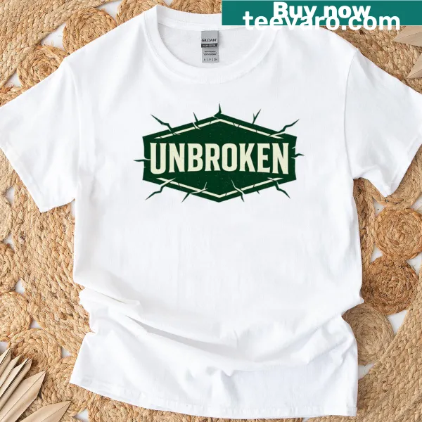 Minimalist design with the word 'Unbroken' on a classic t-shirt