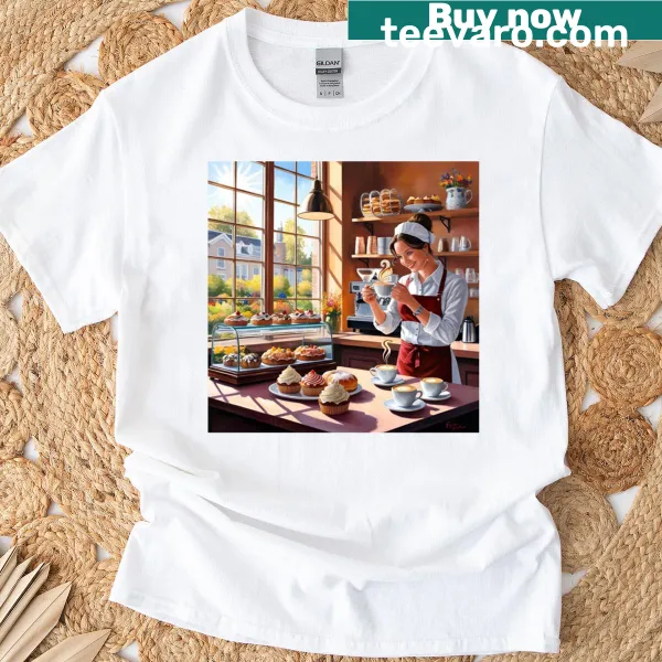 Illustration of a cozy café scene on a classic T-shirt