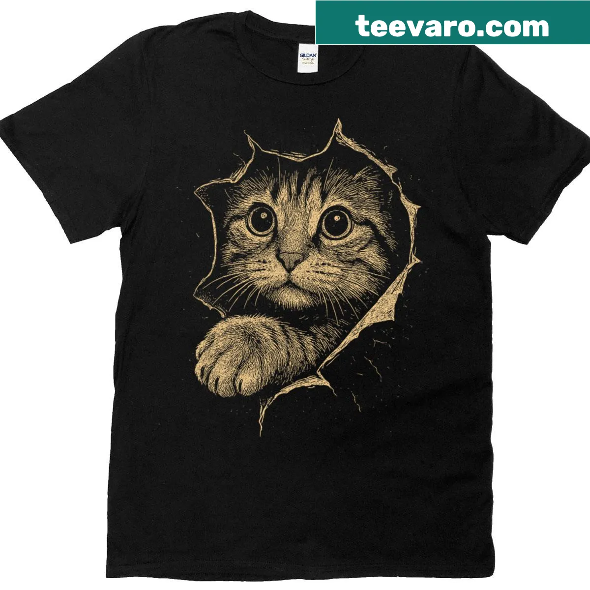 Vintage-style t-shirt featuring a cute kitten tearing through the fabric — on a men's t-shirt