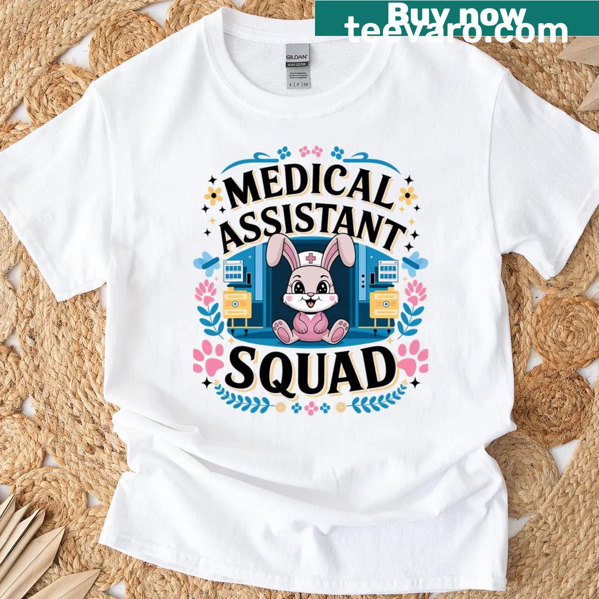 Vintage-style T-shirt with 'Medical Assistant Squad' and ear flowers — on a men's t-shirt
