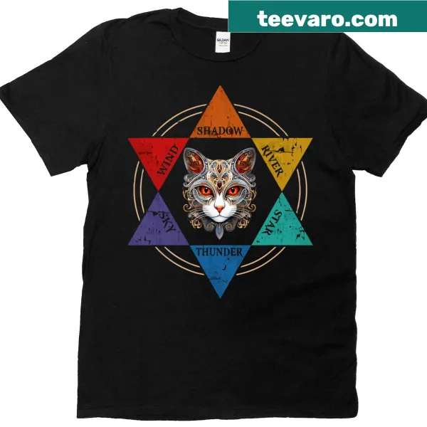 Illustrated t-shirt featuring a mystical warrior cat scene