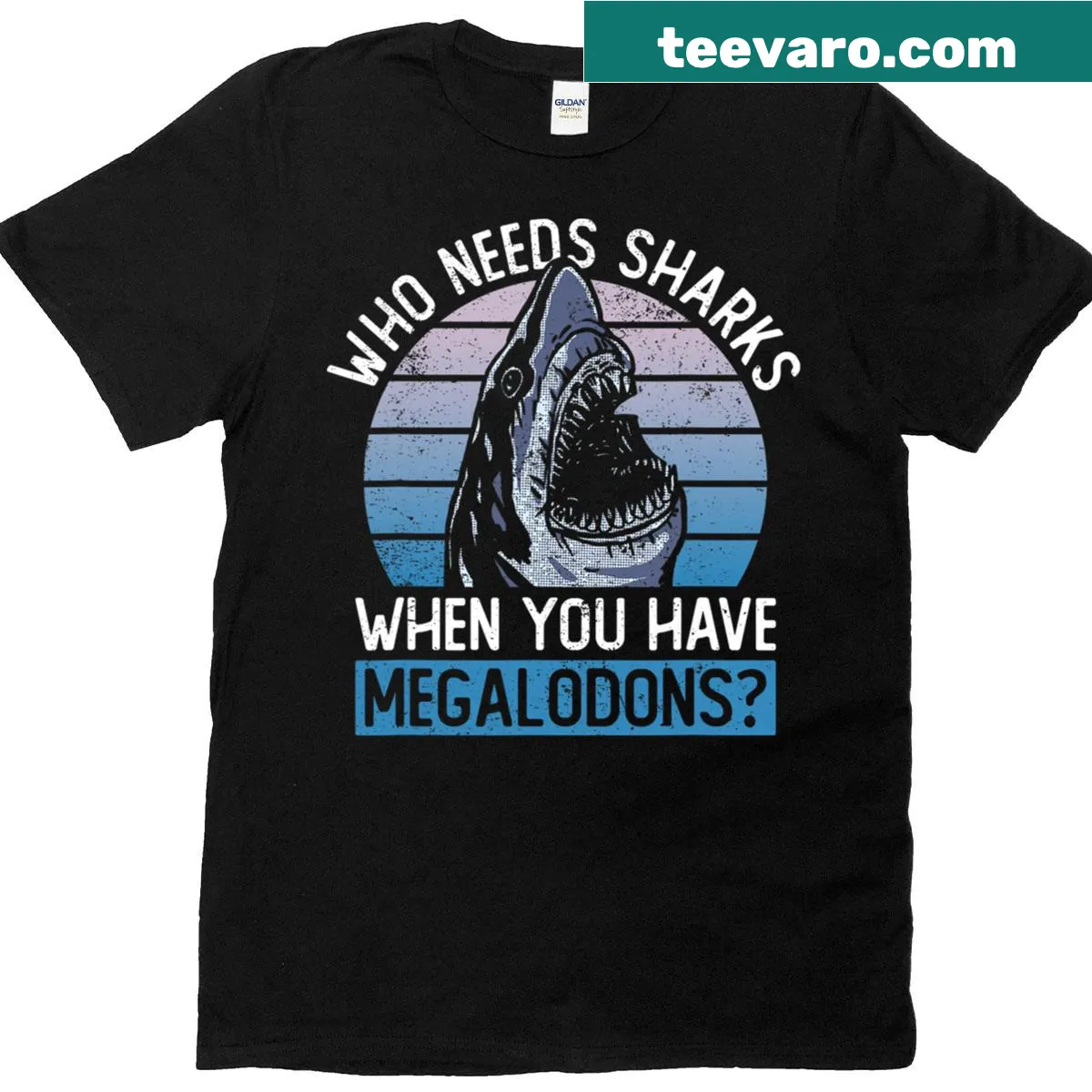 Cartoon t-shirt featuring a megalodon with humorous text — on a men's t-shirt