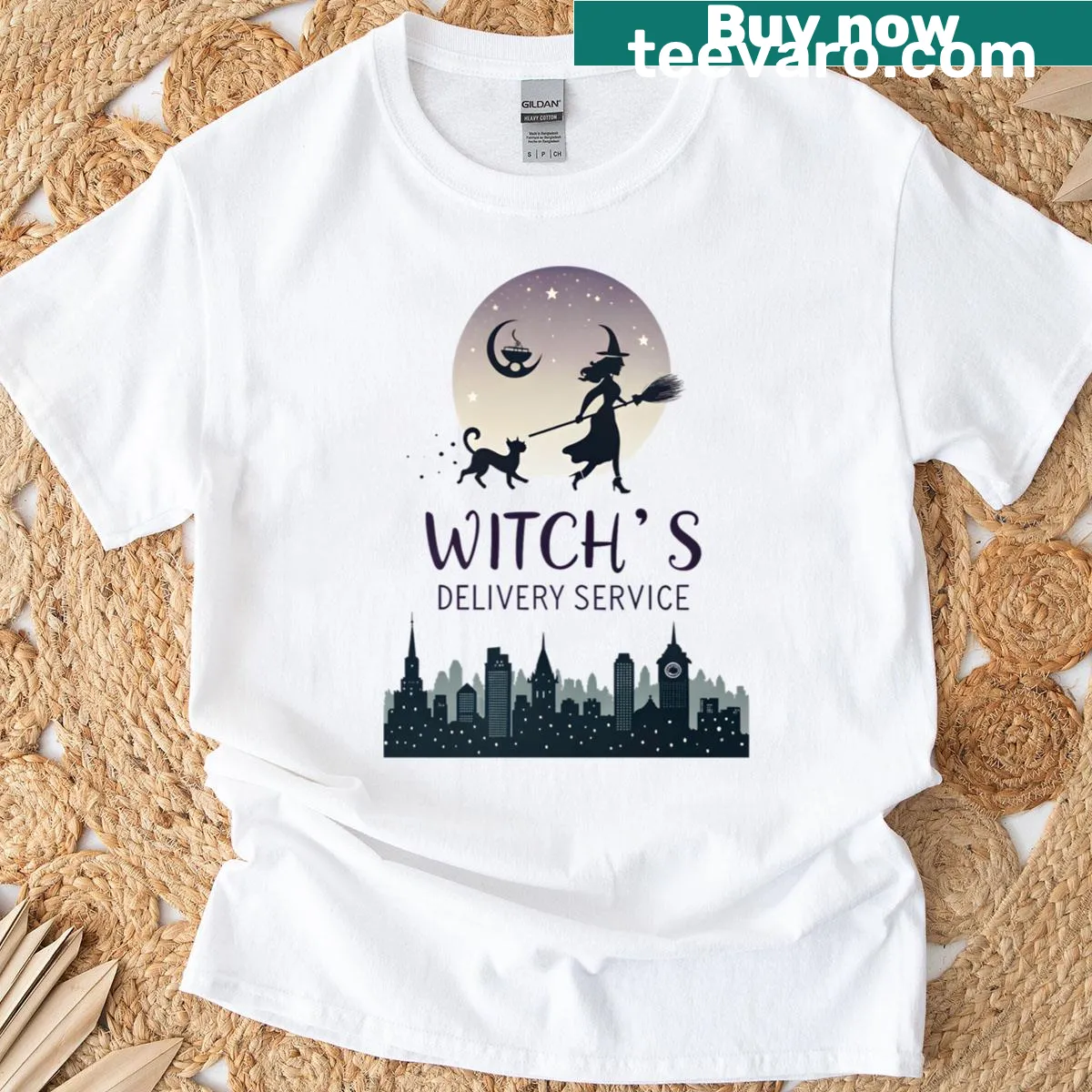 Whimsical Witch Delivery Service themed T-shirt — on a men's t-shirt