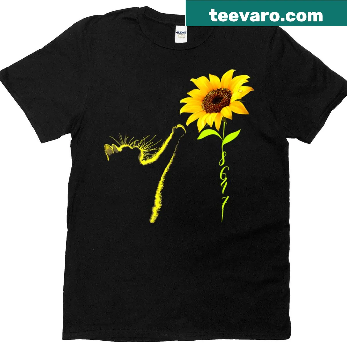 V-neck T-shirt with a humorous anti-Trump cat and sunflower design — on a men's t-shirt