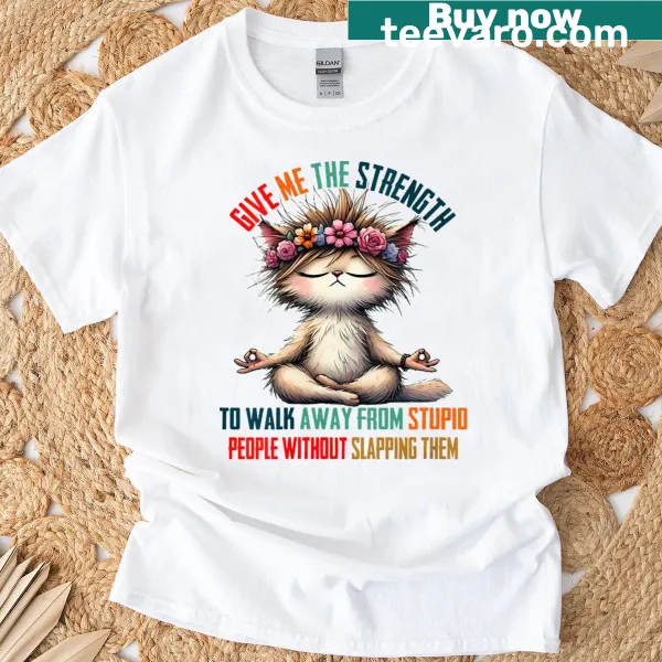 V-neck shirt with humorous text about cats and walking away from negativity