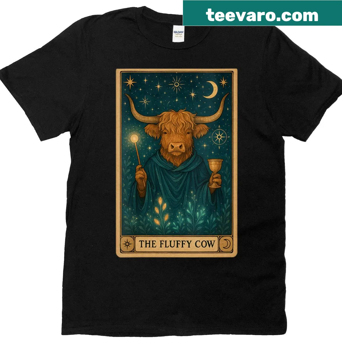 V-neck T-shirt with a fluffy Highland cow illustrated as a tarot card — on a men's t-shirt
