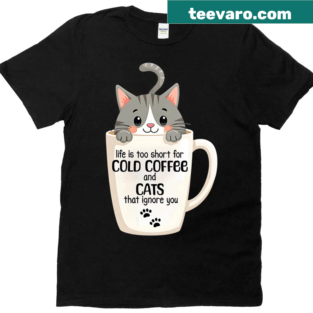 V-neck t-shirt featuring the phrase 'Life Is Too Short For Cold Coffee And Ignoring Cats' for coffee and cat lovers. — on a men's t-shirt