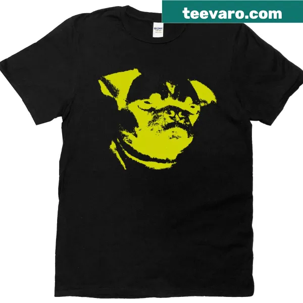 Classic t-shirt with yellow pug illustration on blue background