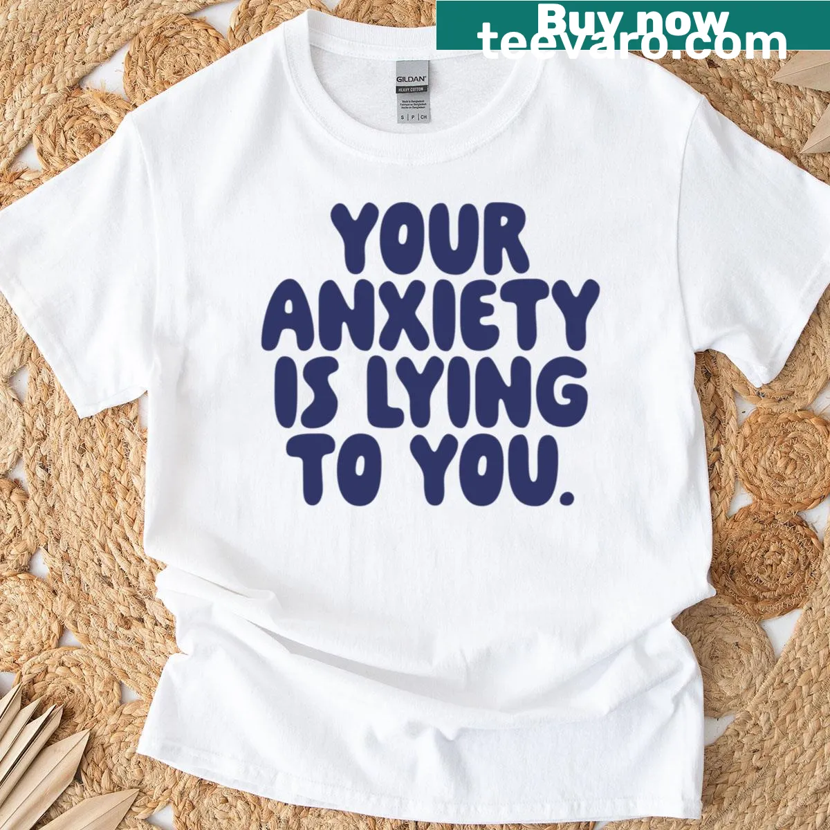 Classic T-shirt with a motivational phrase about anxiety on denim fabric — on a men's t-shirt