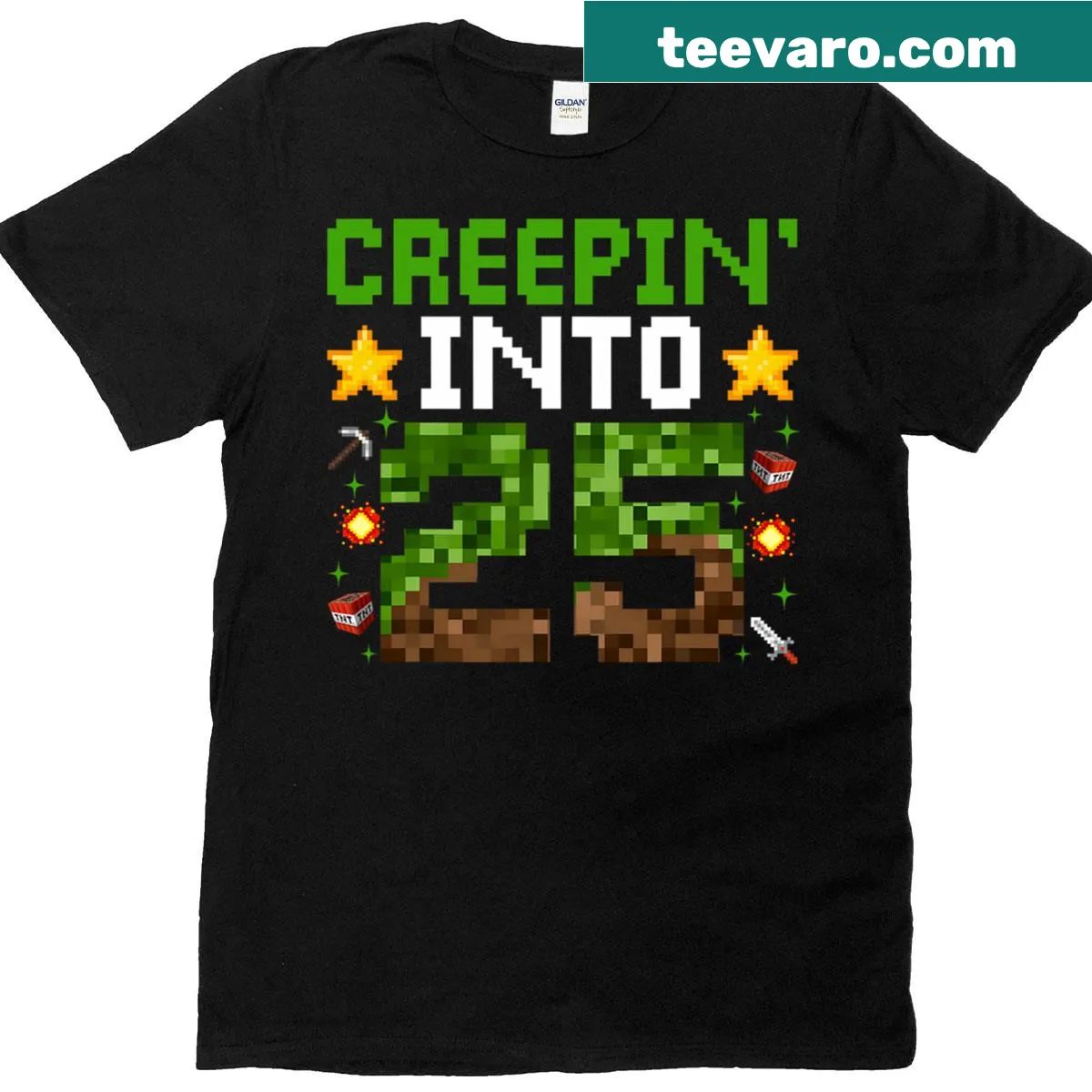 Pixel art birthday T-shirt featuring gamer theme and playful text — on a men's t-shirt