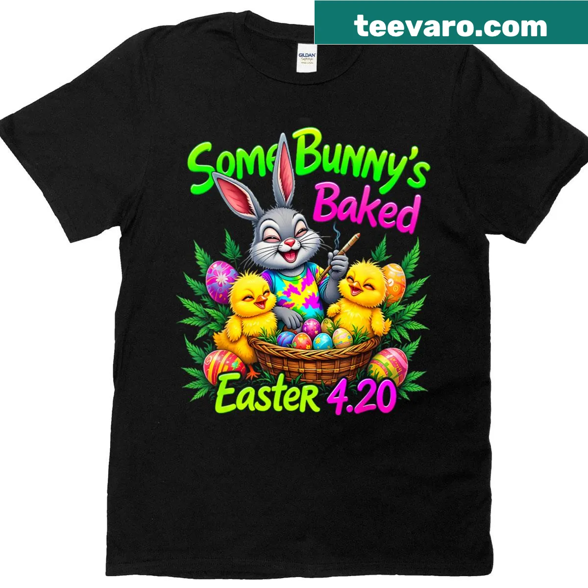Funny weed smoking rabbit graphic on Easter t-shirt — on a men's t-shirt