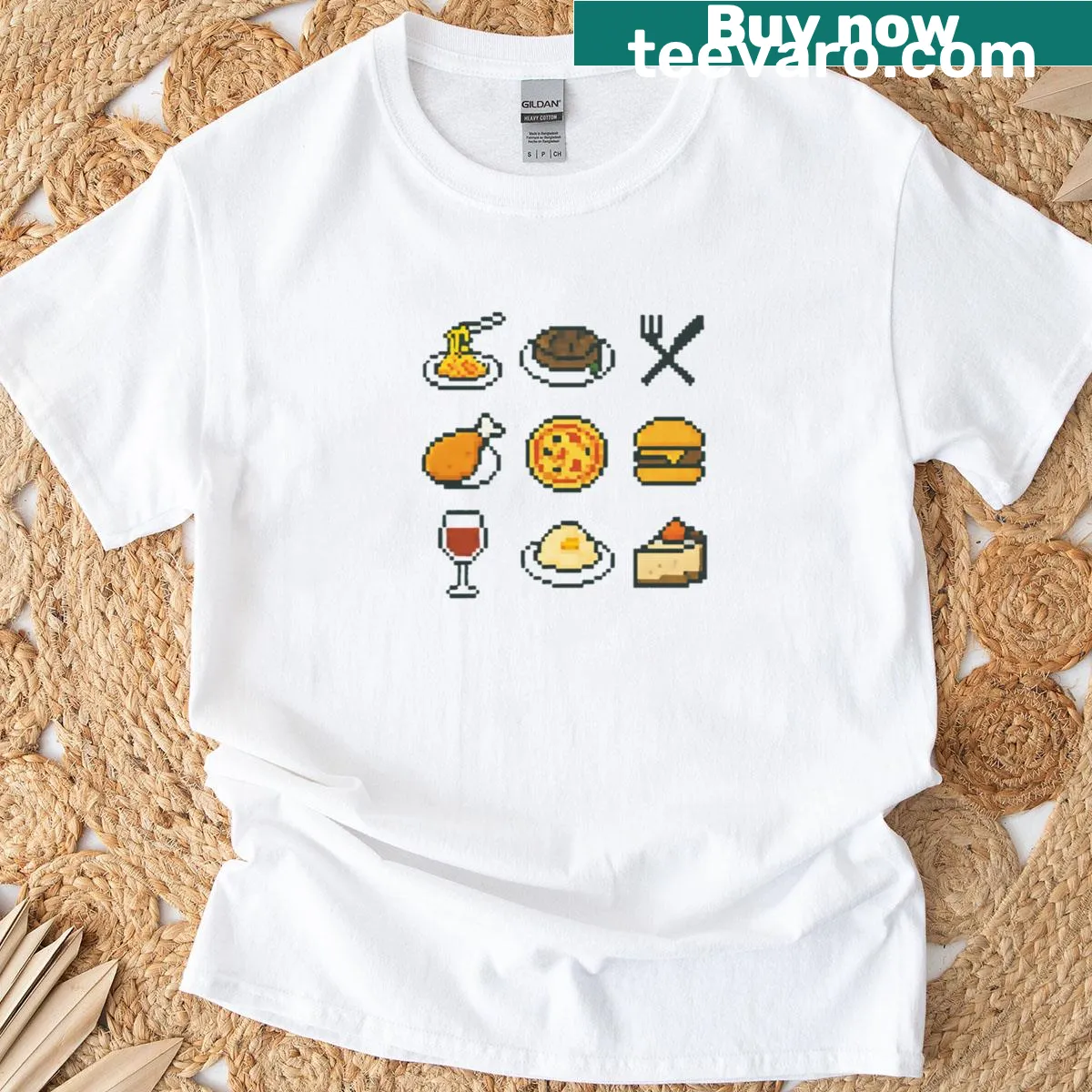 Classic t-shirt with 8-bit food icons in retro style — on a men's t-shirt