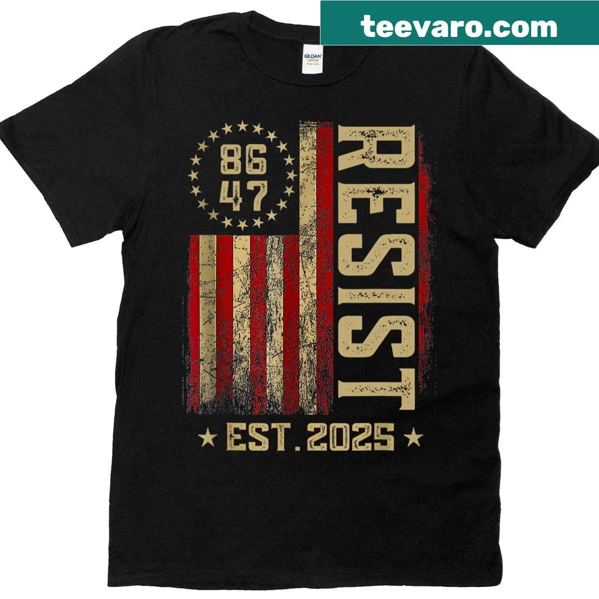 Political resistance T-shirt featuring US flag and anti-Trump message — on a men's t-shirt