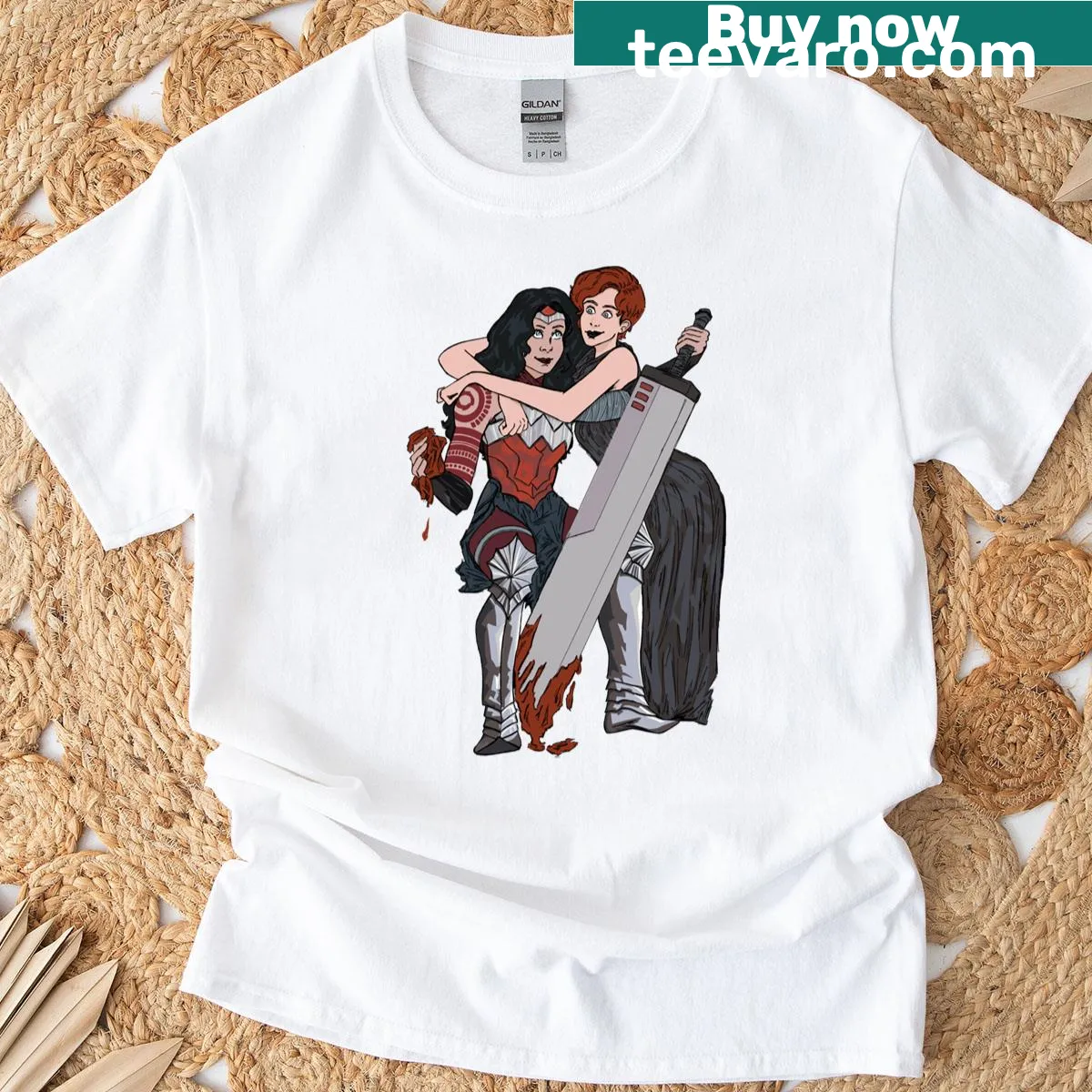 Bold illustrated classic t-shirt featuring Diana and Circe — on a men's t-shirt