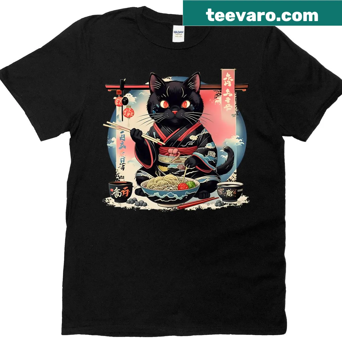 Cute T-shirt featuring an anime cat eating ramen noodles — on a men's t-shirt