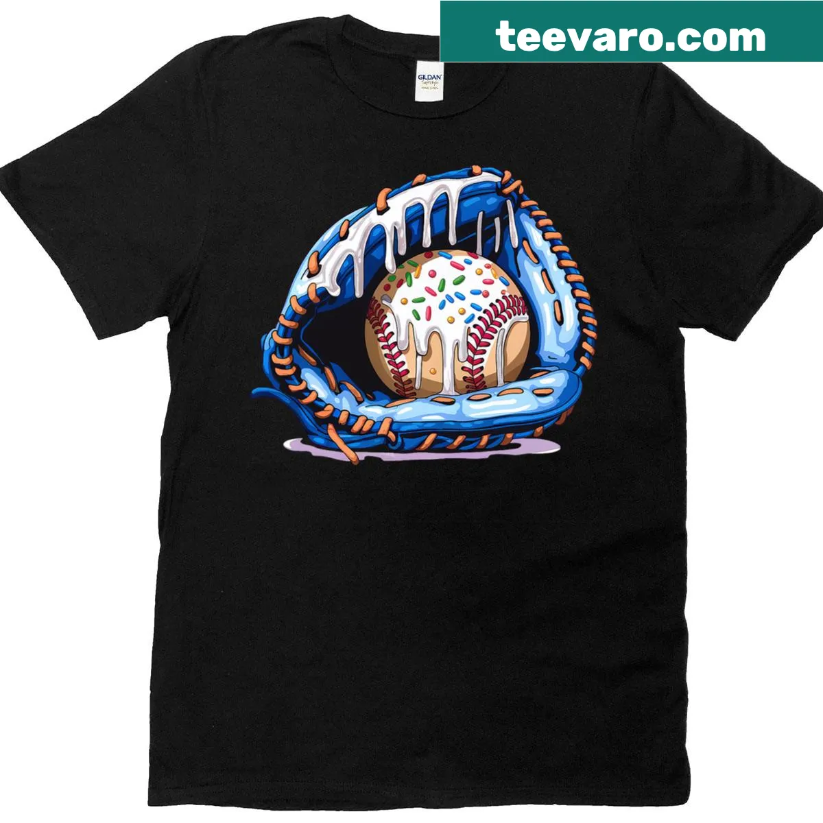 Cartoon baseball glove with ice cream and sprinkles graphic — on a men's t-shirt