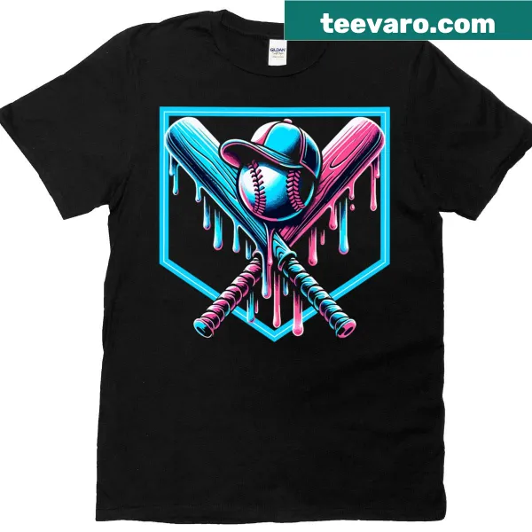 Illustrative T-shirt featuring a baseball bat and home plate with a drip effect