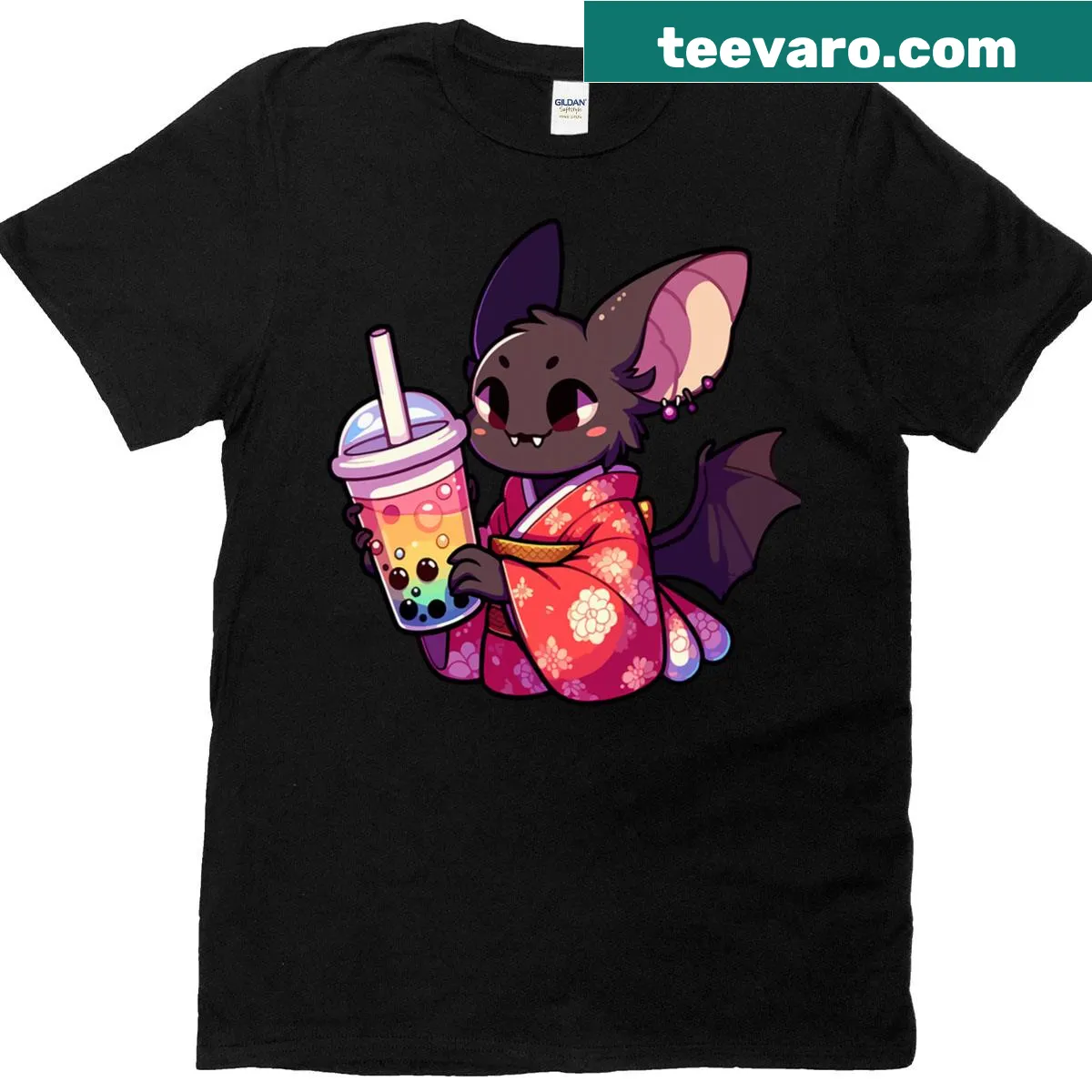 Anime boba tea character with bat wings in a cute design — on a men's t-shirt