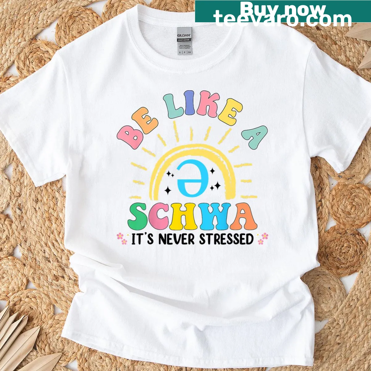 Playful teacher t-shirt with schwa sound message — on a men's t-shirt