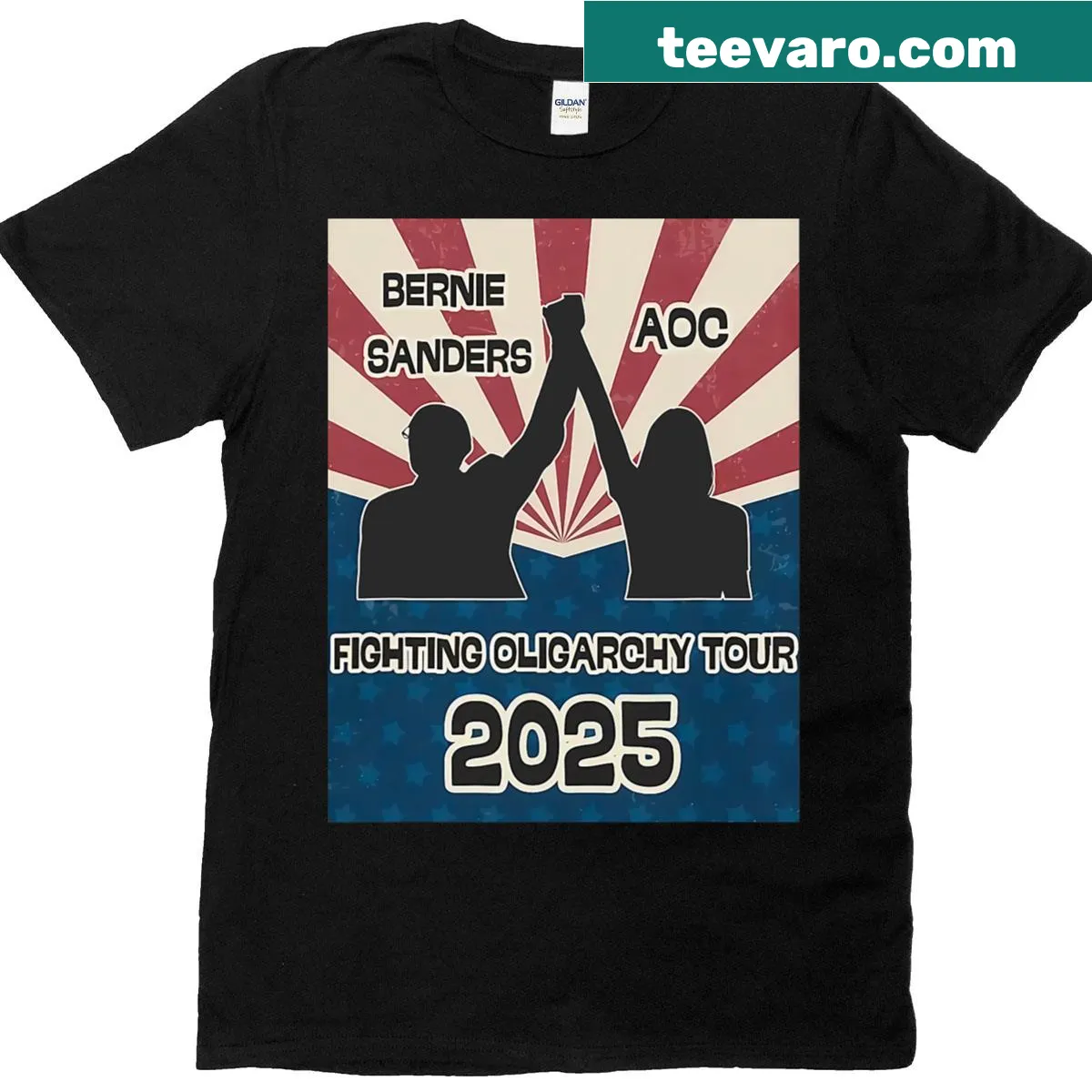 Activist t-shirt featuring Bernie Sanders and AOC fighting oligarchy — on a men's t-shirt
