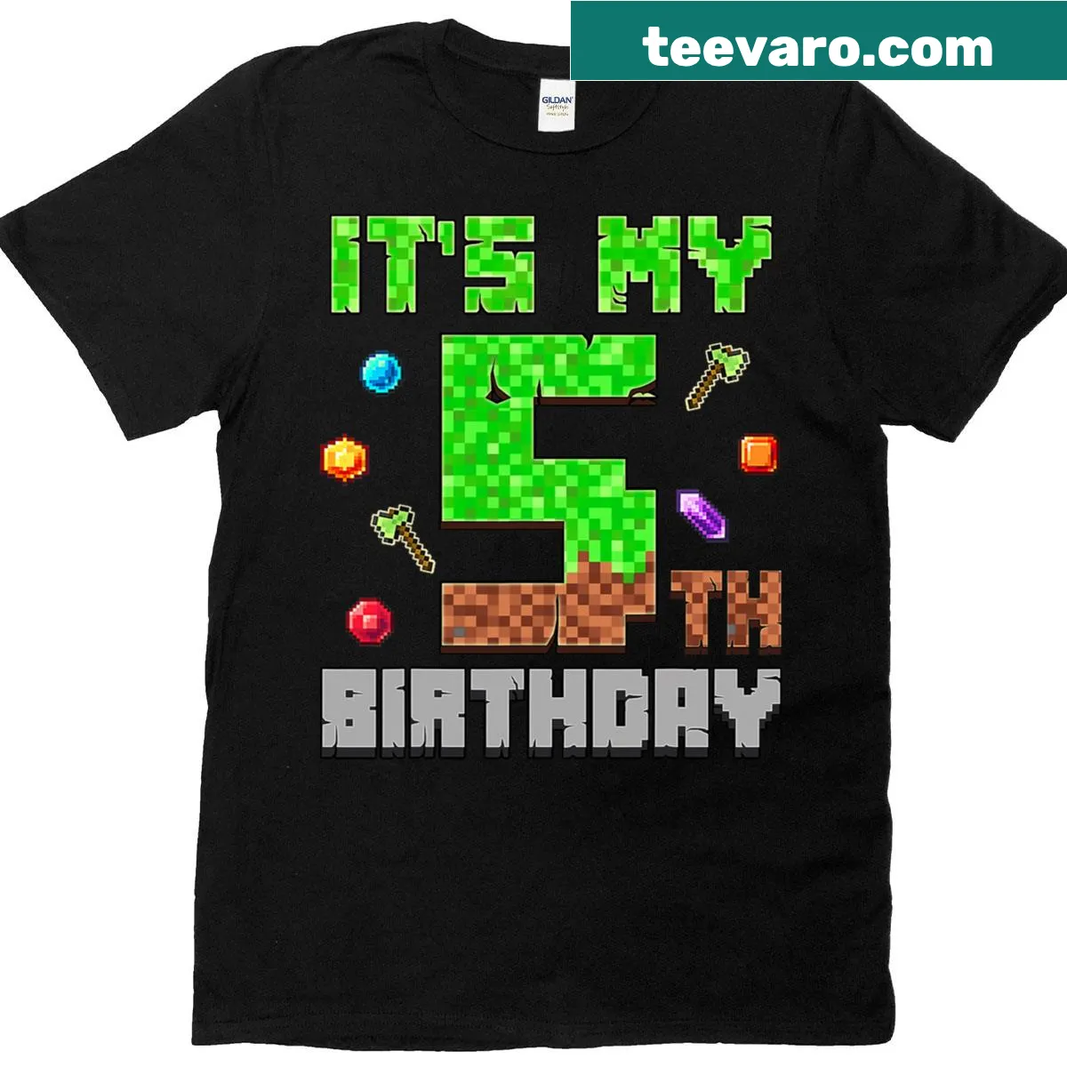 Pixel-themed Birthday T-shirt for a 5-year-old with gaming graphics — on a men's t-shirt