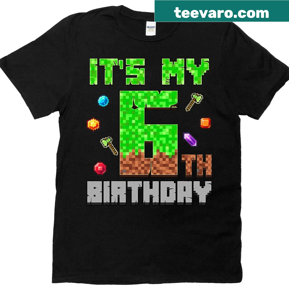 Pixel-style T-shirt for a 6-year-old birthday boy celebrating with video games — on a men's t-shirt