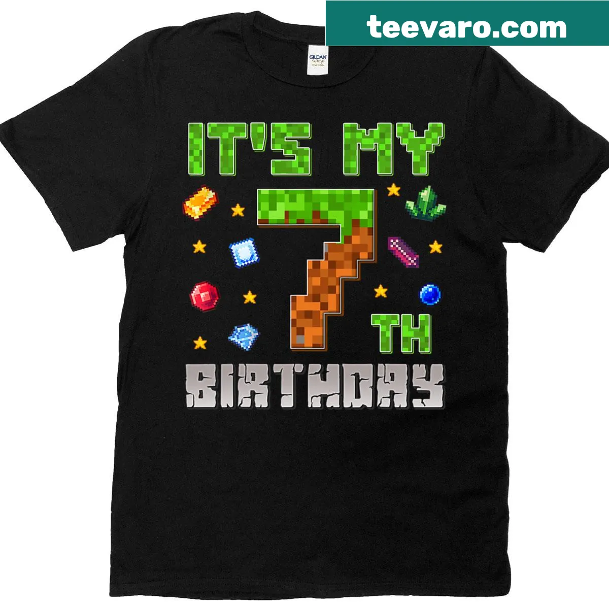 Pixelated number 7 birthday t-shirt for young gamers — on a men's t-shirt