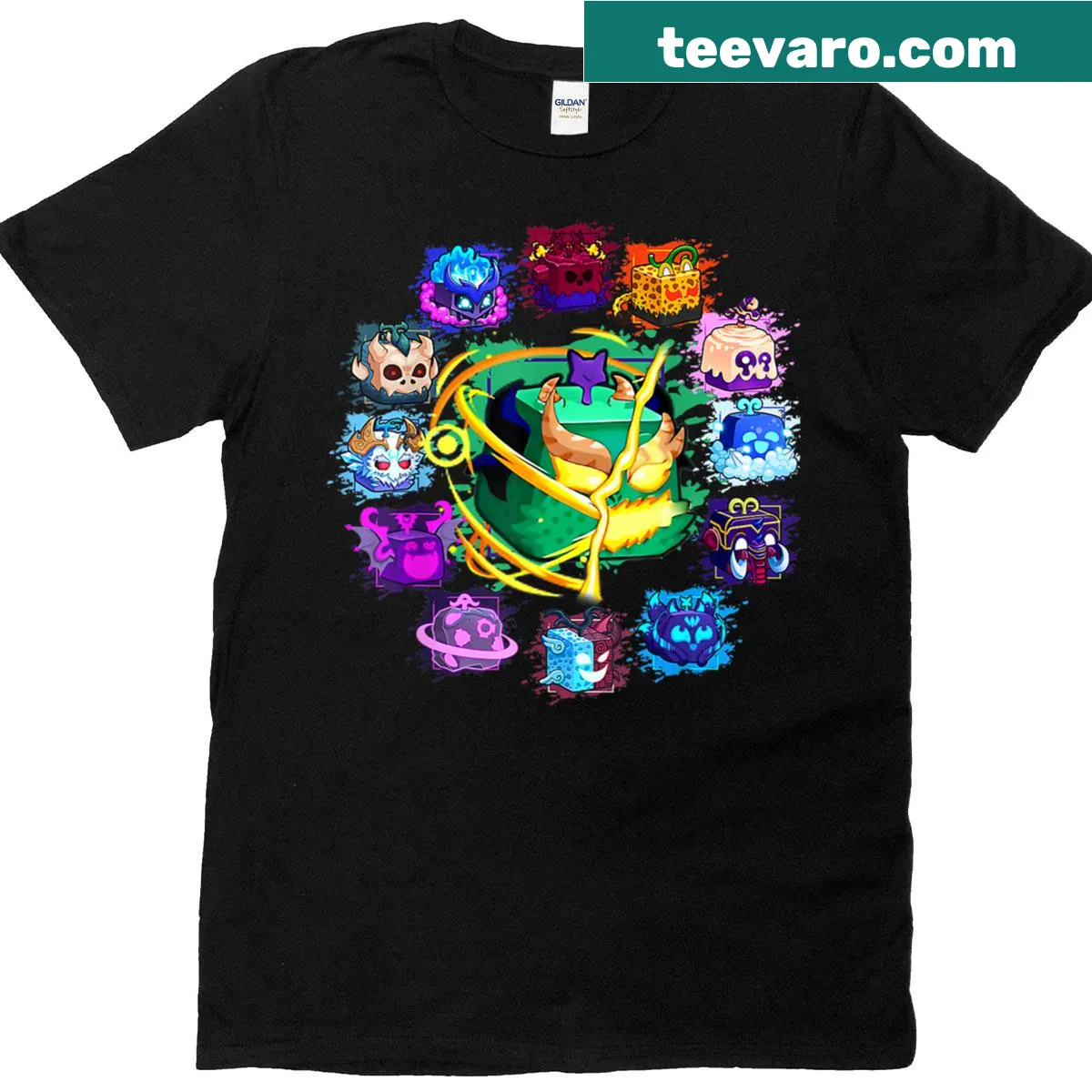 Illustration featuring Blox Fruit mythical elements on a gaming t-shirt — on a men's t-shirt