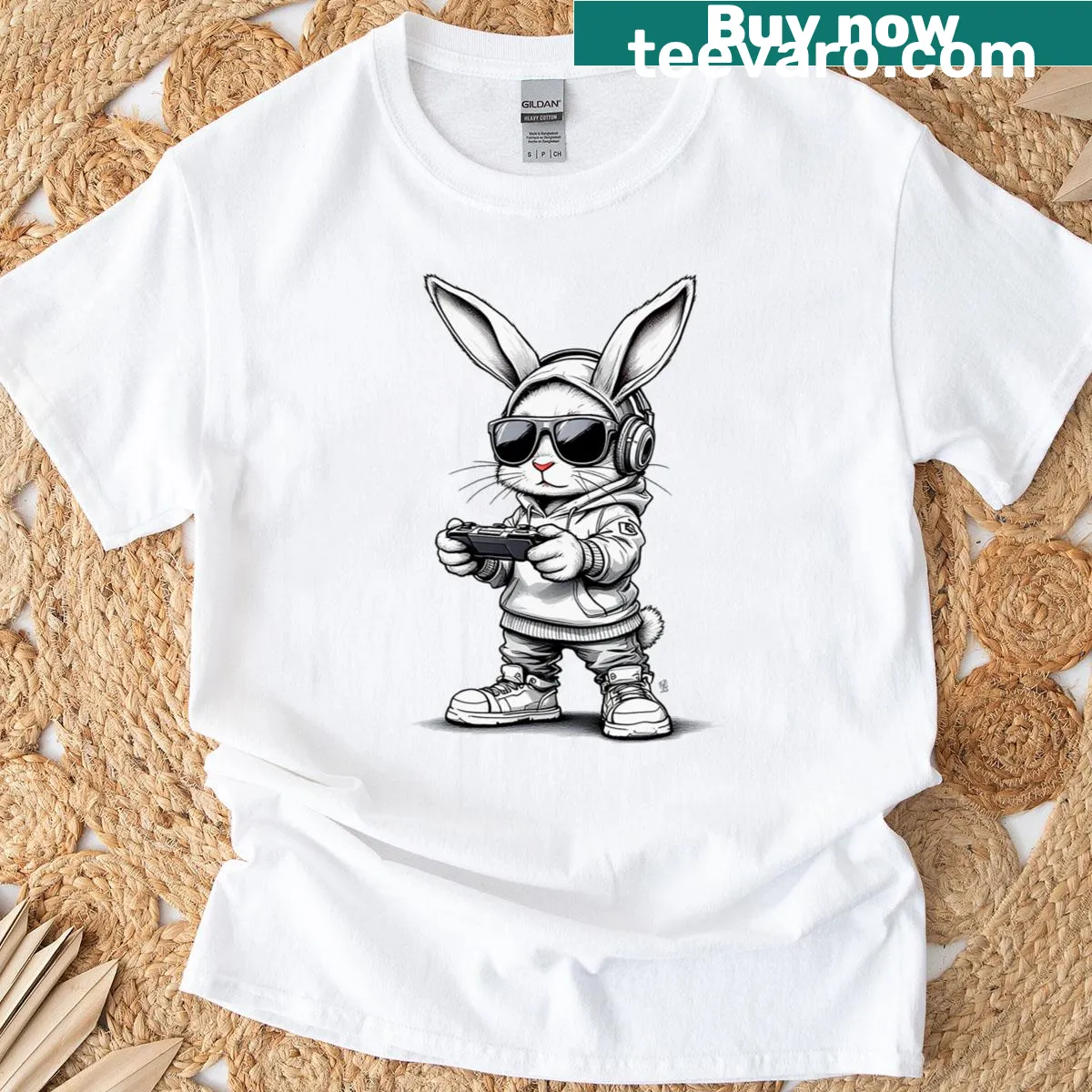 Cute cartoon bunny with sunglasses on a T-shirt for Easter — on a men's t-shirt