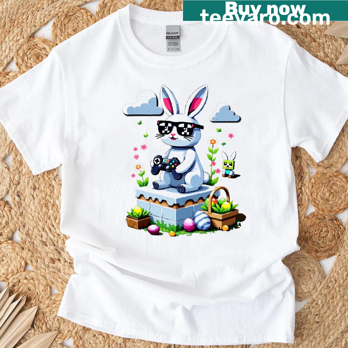 T-shirt with a fun bunny and gaming-themed Easter graphic — on a men's t-shirt