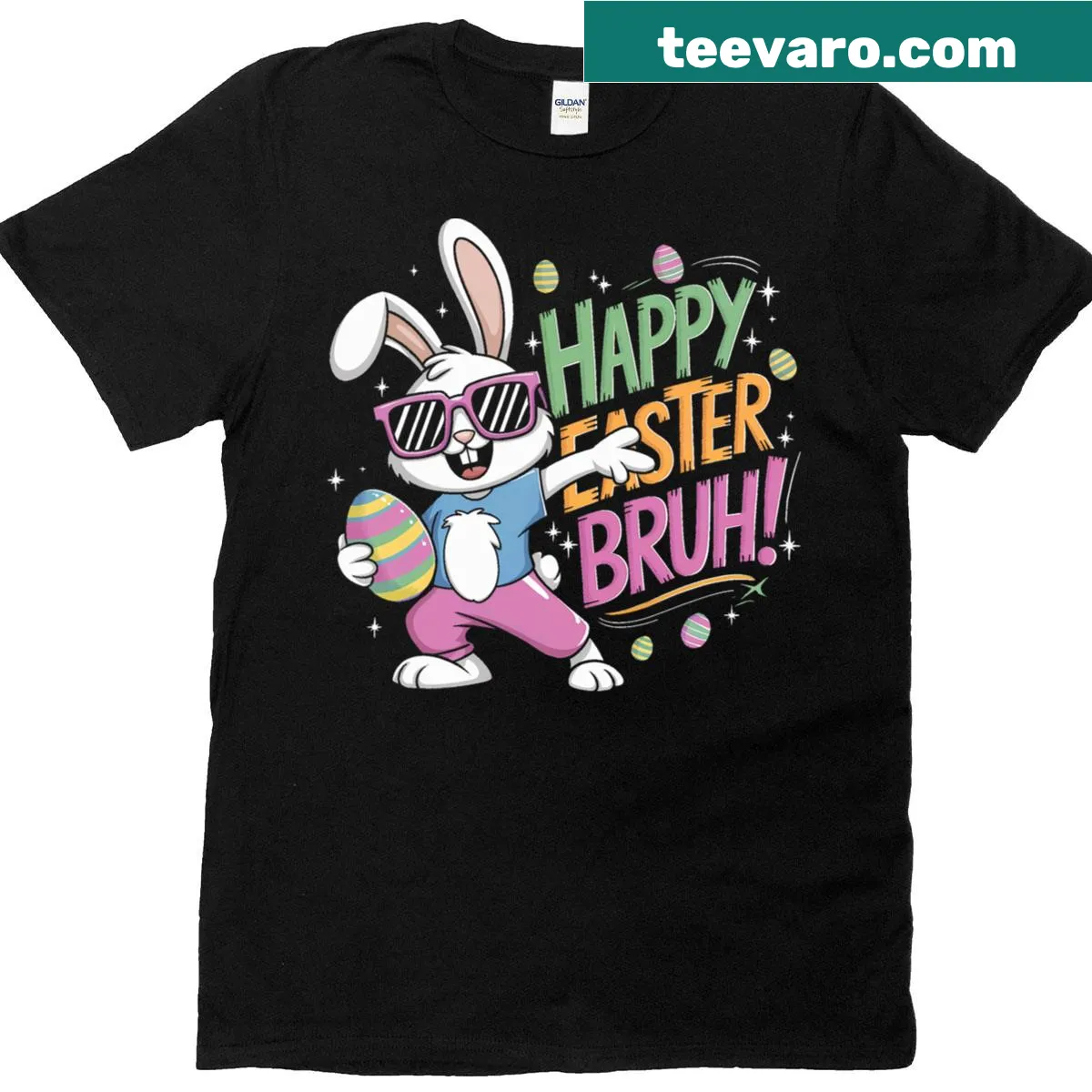 Funny Easter t-shirt with rabbits and egg graphics for kids — on a men's t-shirt
