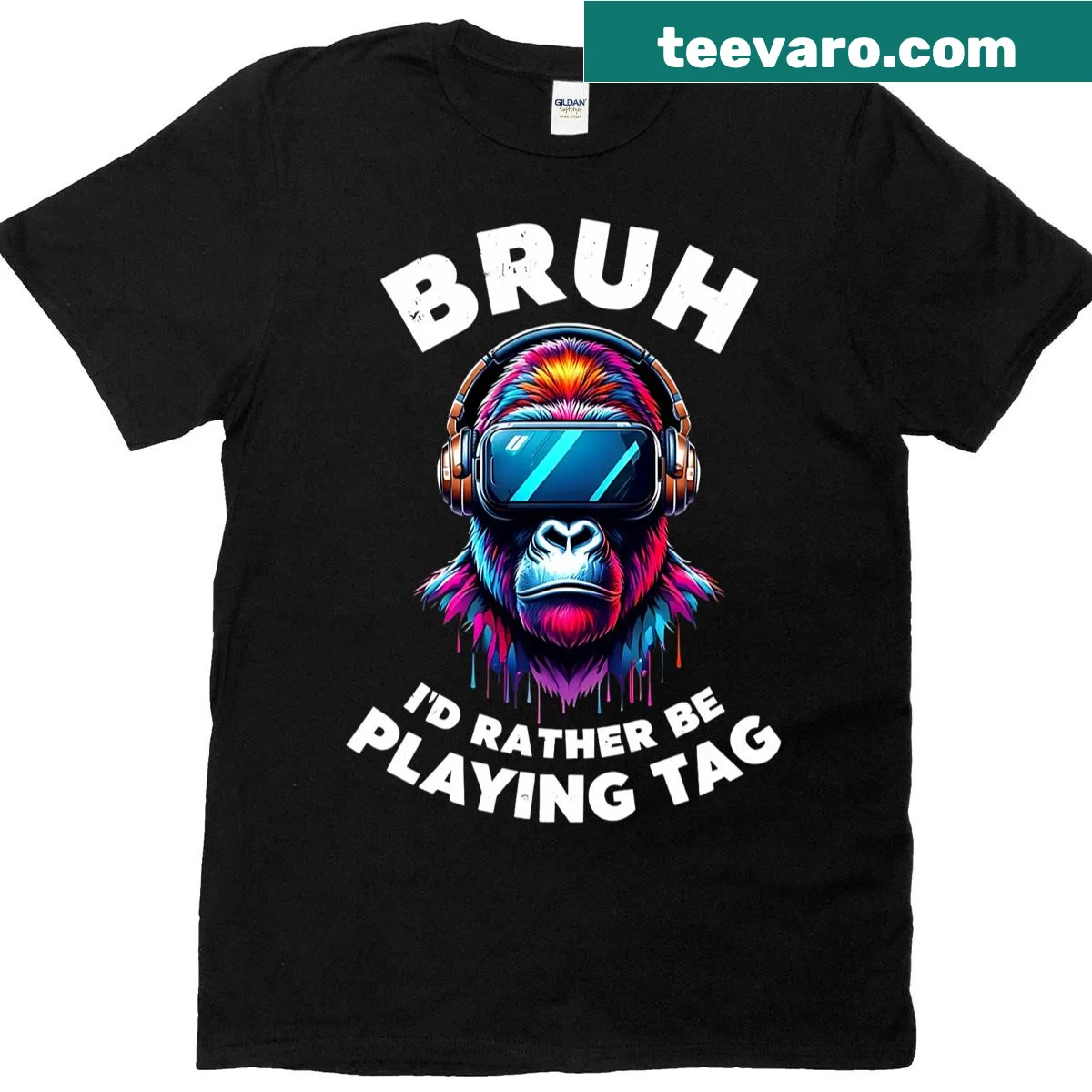 Cartoon T-shirt featuring a gorilla in VR gaming — on a men's t-shirt
