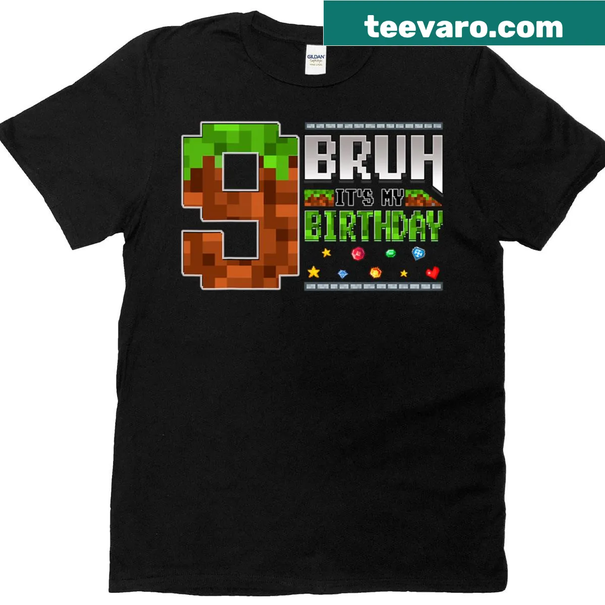 Pixelated number 9 birthday shirt with humorous text for kids — on a men's t-shirt