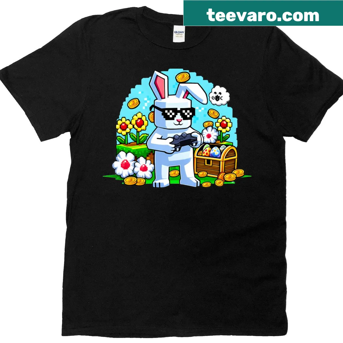 Playful bunny gaming t-shirt for Easter with a cartoon design — on a men's t-shirt