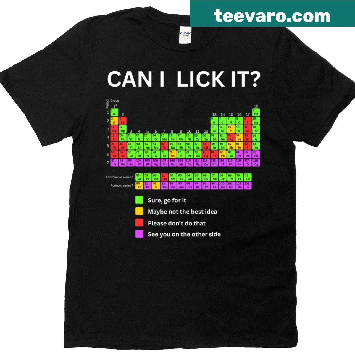 Playful t-shirt with a science-themed phrase and periodic table design — on a men's t-shirt