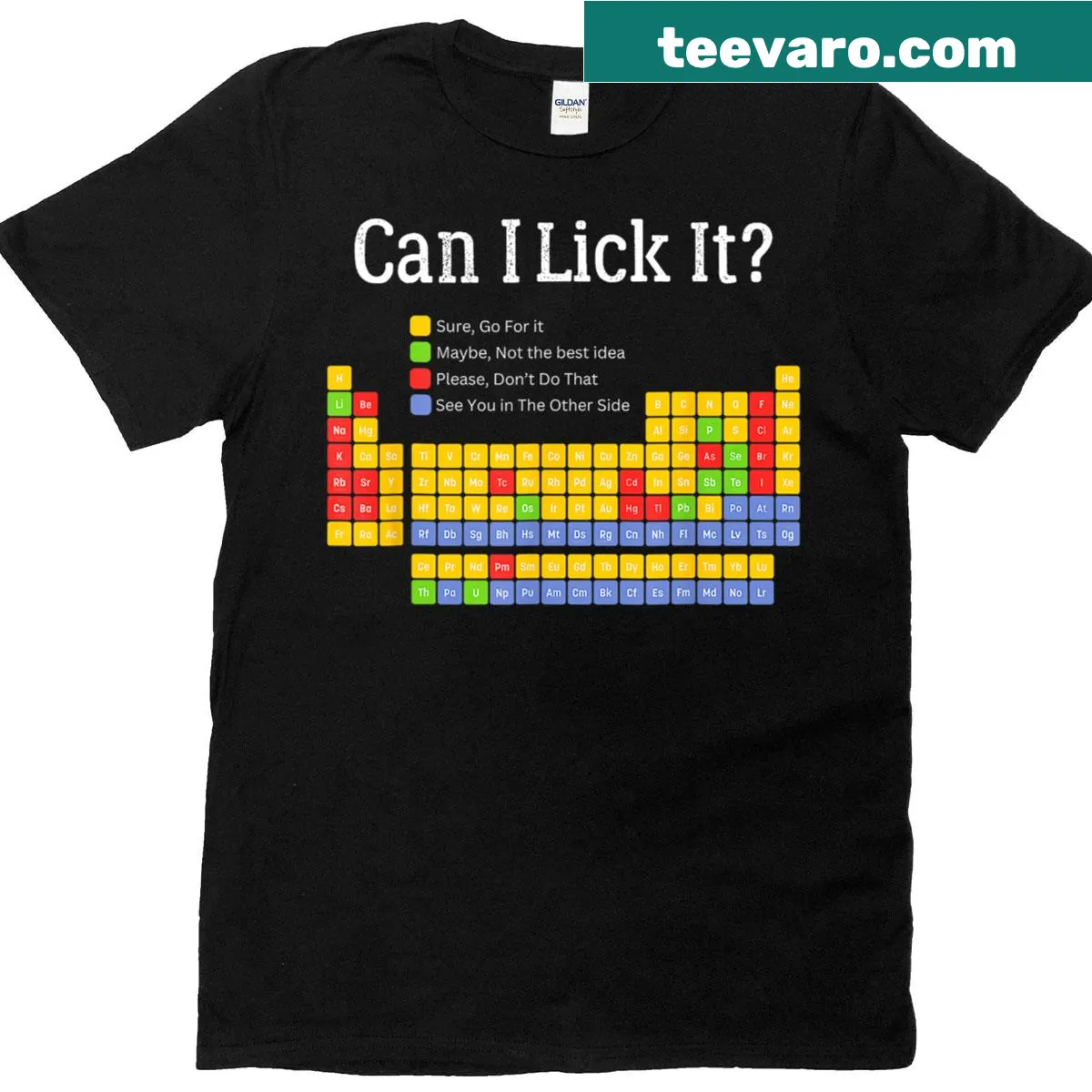 Playful t-shirt featuring a periodic table with the phrase 'Can I Lick It?' — on a men's t-shirt