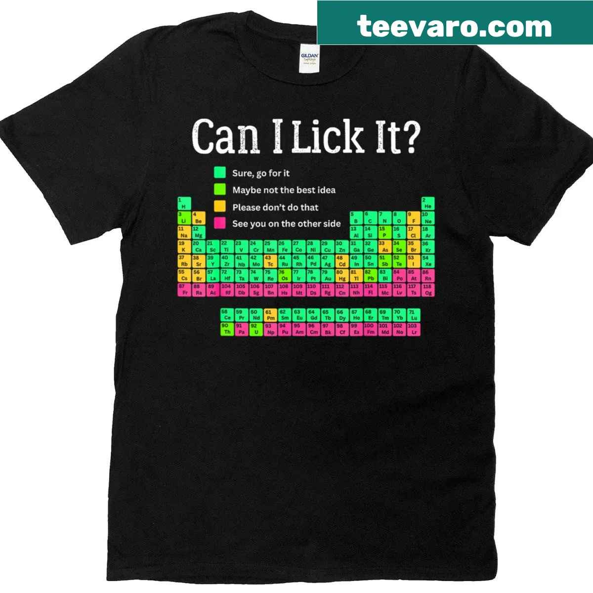 Funny t-shirt with periodic table design asking 'Can I Lick It?' — on a men's t-shirt
