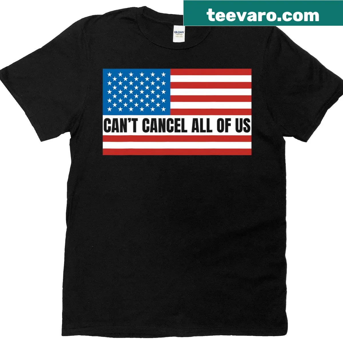 American flag graphic with 'Can't Cancel All Of Us' text — on a men's t-shirt